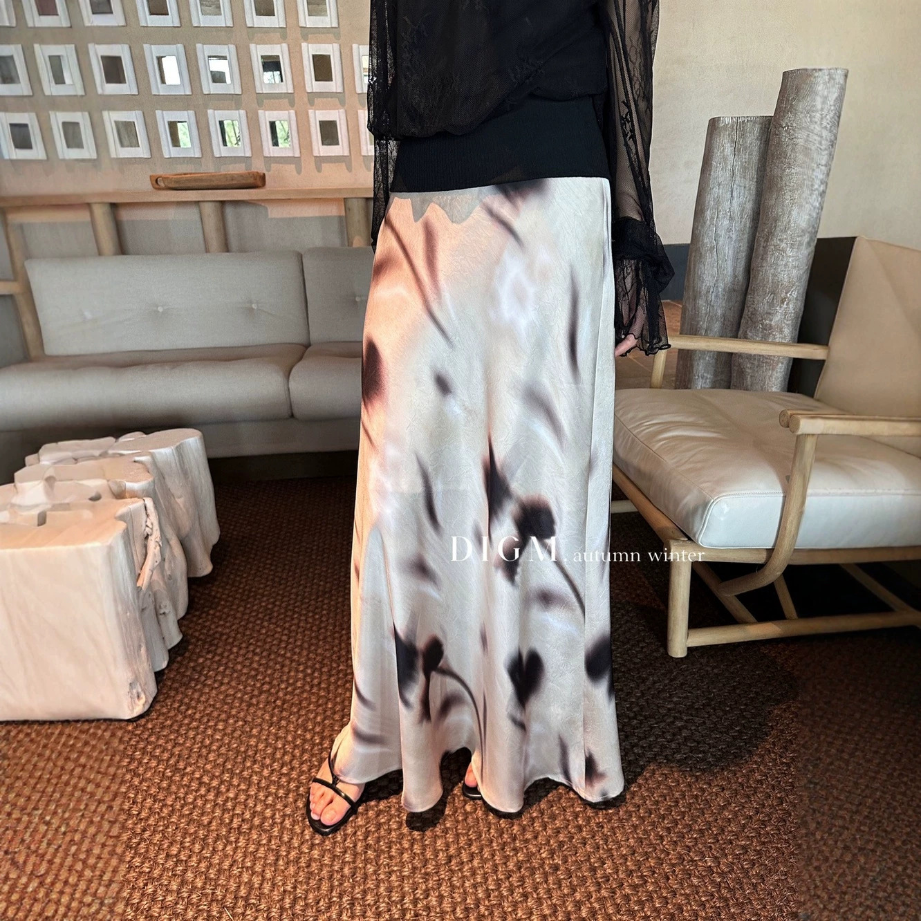 New Autumn Arrival: DIGM French Retro Ink Wash Print High-Waisted Slimming A-Line Skirt