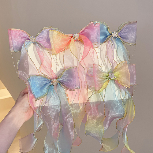 Children's bow braided hairpins for girls with hair tied little girls hairbands princess long streamer hairpins girls head flower hair accessories