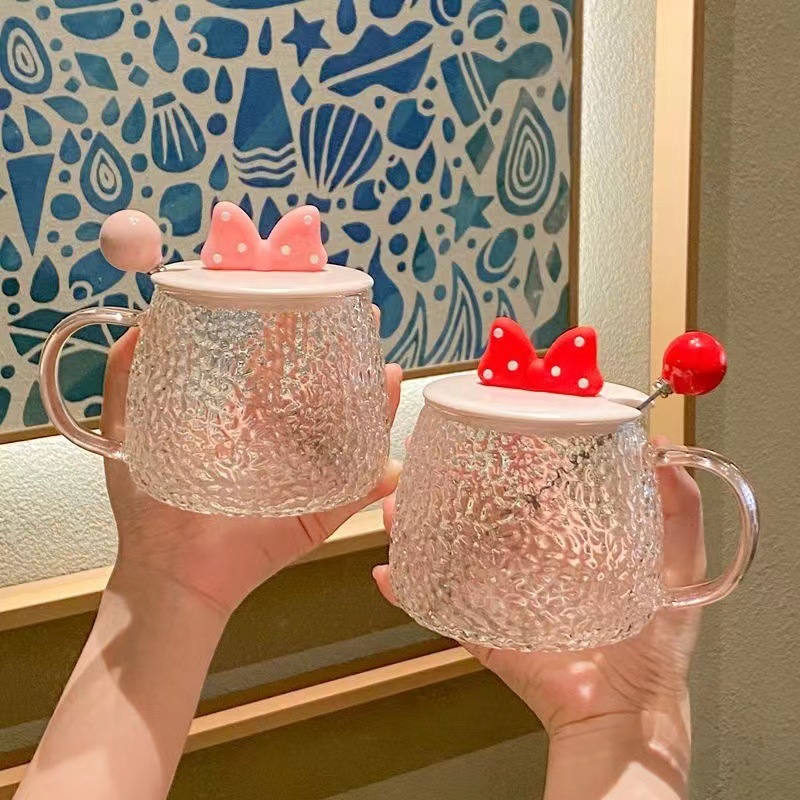 Ins-style Bow-knot Girly Heat-resistant Glass Cup, Cute Couple's Mug With Lid And Spoon, Office Coffee Cup_voghion.com