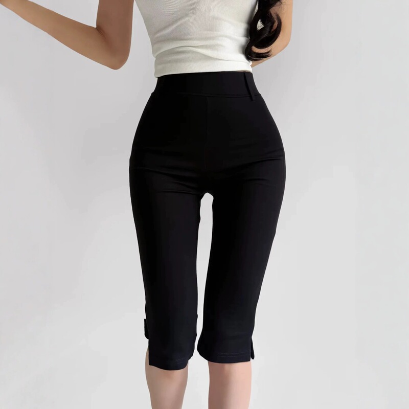 Capri Pants with Stretch, Slim Fit, Mid-Length, Women's Summer New Style, Side Slit, Black Casual Pants