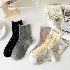 襪子女春夏ins潮復古奶油系卷邊波點中筒襪女文藝月子襪女堆堆襪