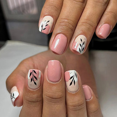 Short girl pink and white leaf silhouette beauty nail cute sweet Instagram style foreign trade false nails wearable nail tips
