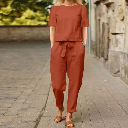 Women's Summer Cotton Linen Matching Set: Half-Sleeve O-Neck Oversized Blouse and Wide-Leg Pants Retro Two-Piece Set