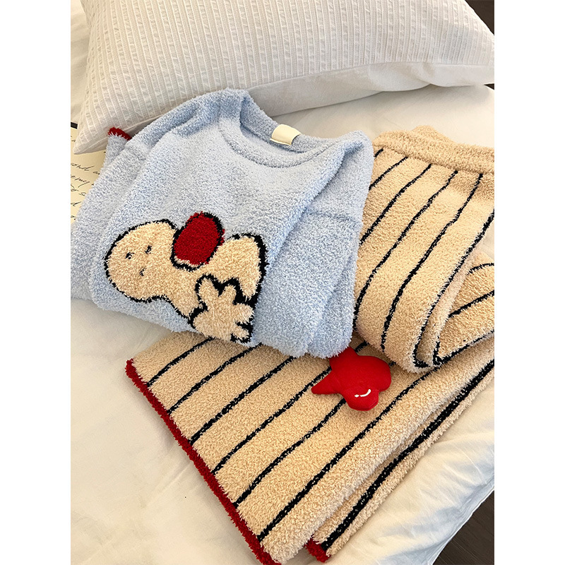 卡通印花少女半边绒睡衣女冬季新款家居服条纹长裤加厚保暖两件套|undefined