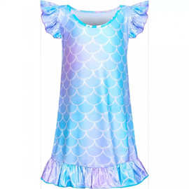 2023欧美新款童装儿童小马恐龙美人鱼彩虹可爱印花连衣裙女童睡裙