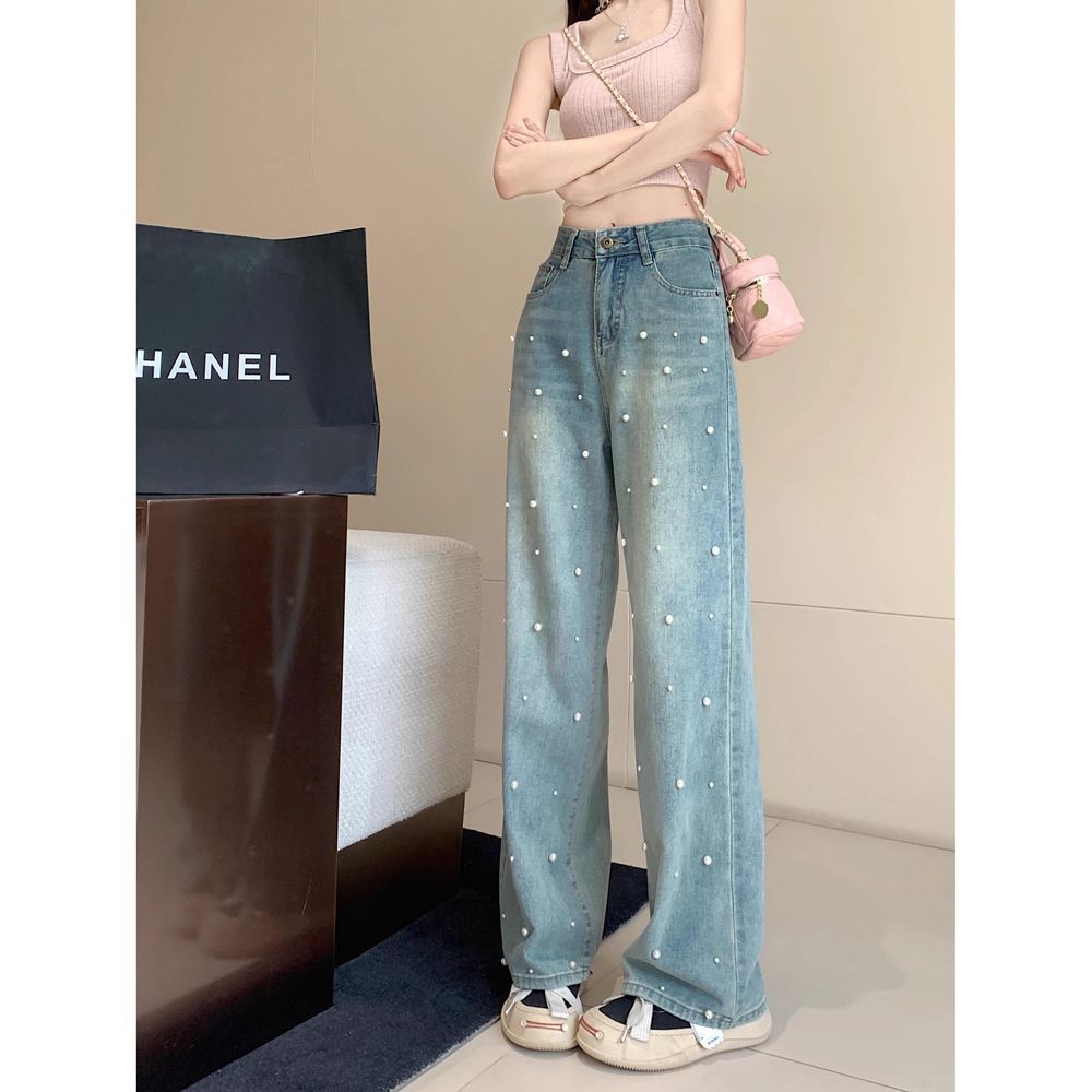 American Retro Heavy-Duty Pearl Wide-Leg Jeans for Women, Summer Ins High-Waisted Loose Straight-Leg Floor-Length Pants, Fashionable