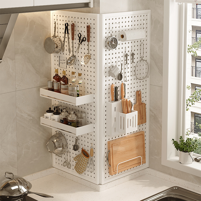Estante de cocina, tablero de agujeros, estante de condimentos de pared de acero inoxidable, estante para cuchillos de pared, estante de almacenamiento multifuncional para el hogar