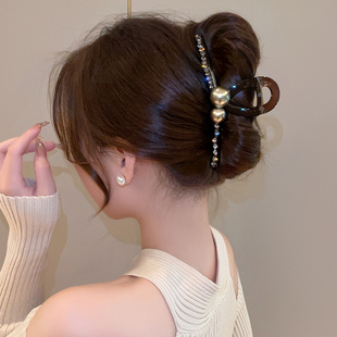 New Accessible Luxury Full Diamond Coffee Color Shark Clip Large Hair Ponytail Hair Clip Pearl Hair Clip Women's Hair Clip Shenheng