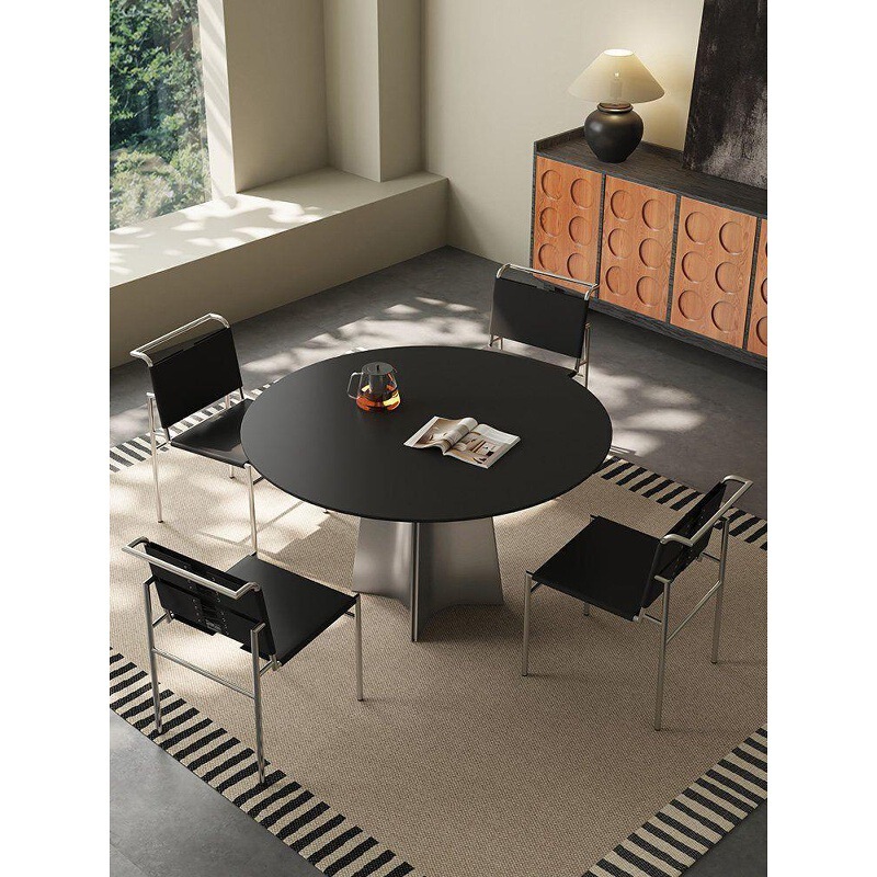 Italian-Style Round Dining Table with Stainless Steel Legs and Turntable, Simple Modern Design for Home Use, Suitable for Large and Small Households