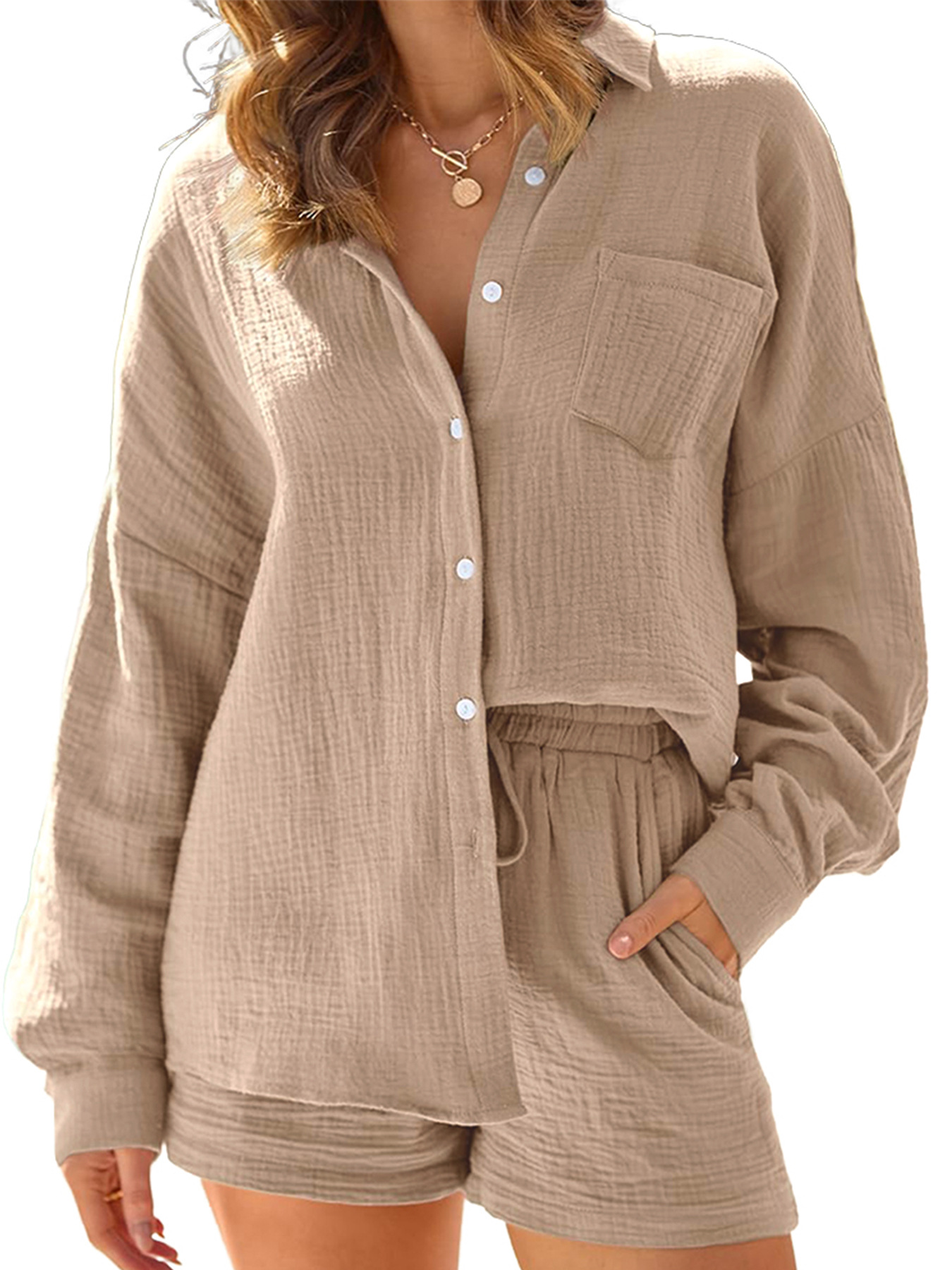 Women's Wrinkle Textured Button-Down Shirt With Relaxed Shorts Set - Casual & Office Wear Soft Stretch Comfort_ecoleips.com