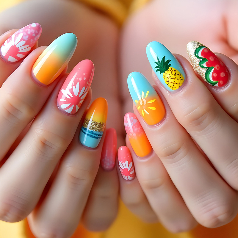 Sweet and Cool Summer Beach Color Impression Nail Pieces, Pineapple Drop-Shaped Manicure Nails, Cross-Border Hot-Selling Wearable Nails