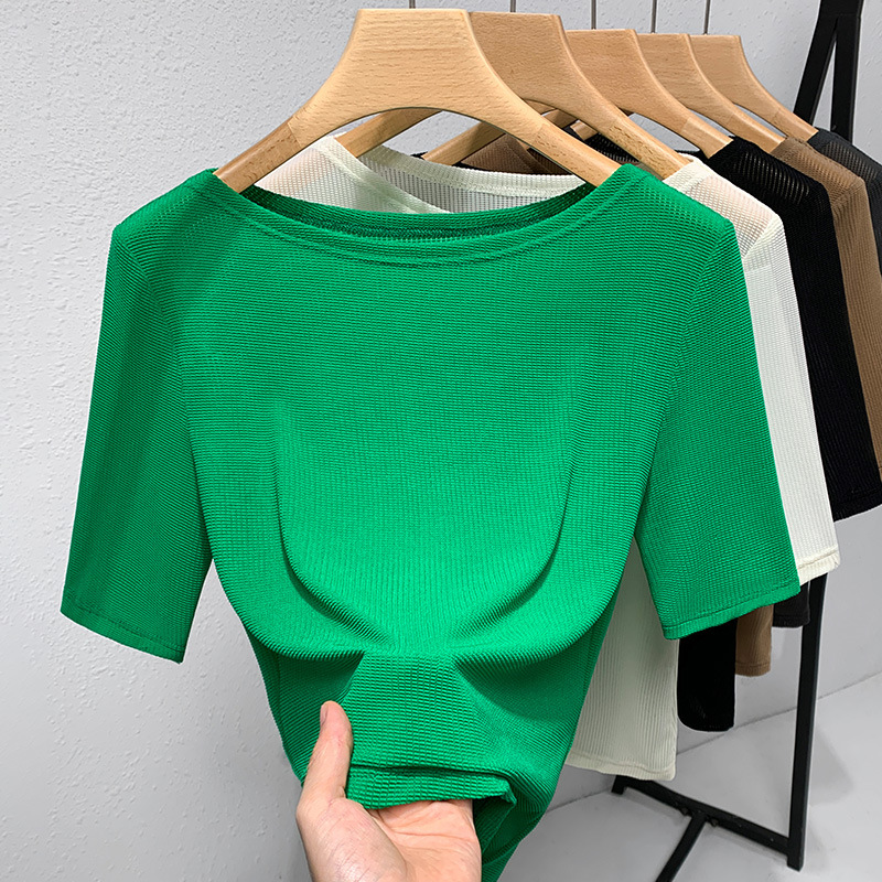 Camiseta de mediados de manga de las mujeres 2023 nuevas mujeres europeas elegante fuera del hombro de malla de color sólido de la cintura-apretado tramo superior image 1
