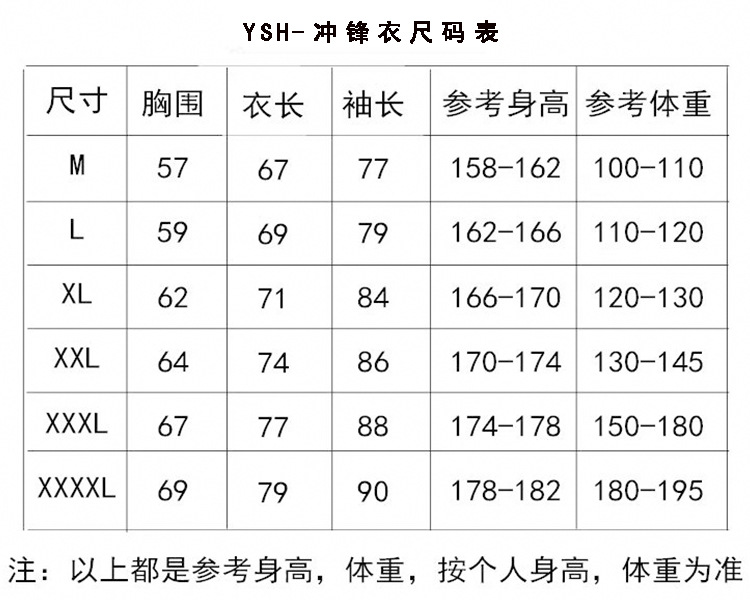 冲锋衣尺码表