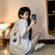 后背卡通印花短袖T恤女夏季2024新款韩系宽松休闲减龄圆领上衣潮