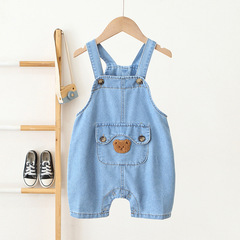 2023夏款兒童背帶褲韓版卡通0-3歲寶寶嬰幼童軟牛仔暗扣背帶短褲