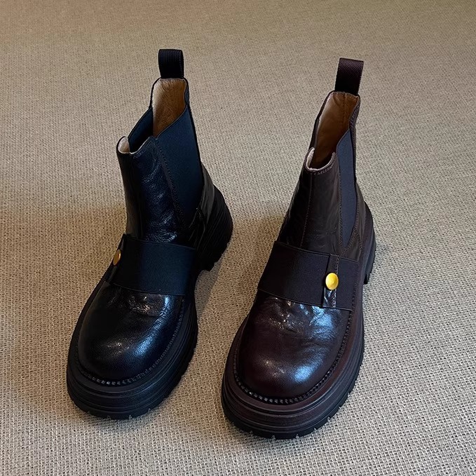 Stivaletto alla caviglia in pelle stile britannico da donna, modello invernale 2026 con tacco grosso, tacco medio, suola morbida marrone, versatile._voghion.com