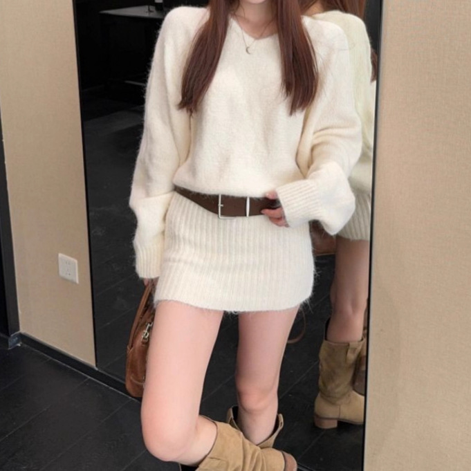 韩系氛围感绿色斜肩长袖连衣裙女秋季气质辣妹收腰短裙咖色包臀裙|undefined