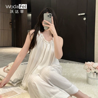 设计感挂脖棉绸睡衣女夏季新款编织领可外穿家居服高级感气质睡衣