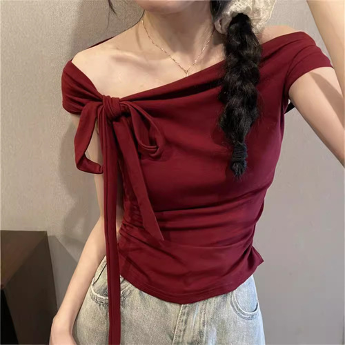 ins sexy hot girl one-shoulder strapless short t-shirt women's summer new style tie-up slimming short pure desire top women 
