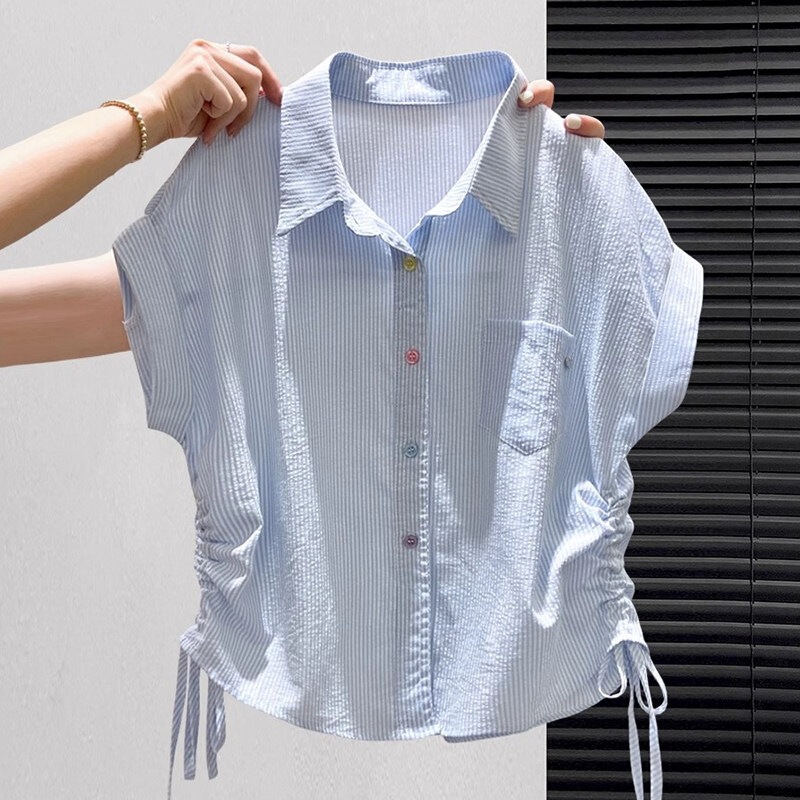 Rainbow Button Polo Collar Striped Short-Sleeve Shirt for Women, Relaxed Fit Base Shirt, Summer Niche Thin Drawstring T-Shirt Rainbow Button Polo Collar Striped Short-Sleeve Shirt for Women, Relaxed Fit Base Shirt, Summer Niche Thin Drawstring T-Shirt