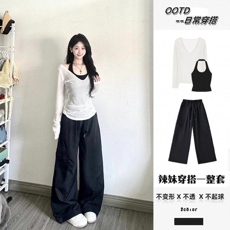 三件套女夏季纯欲风辣妹防晒长袖罩衫上衣吊带背心高腰阔|undefined