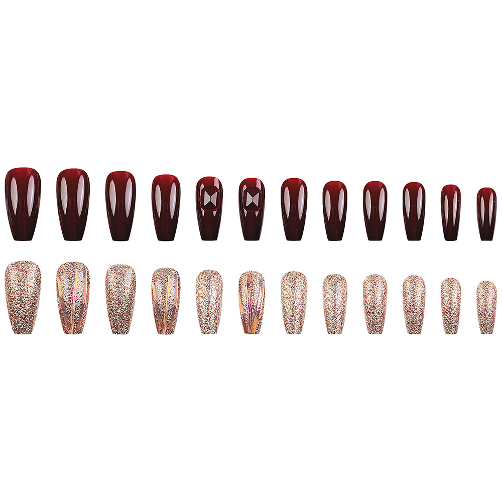 El comercio exterior brilla vino rojo desgaste de uñas europeas y estadounidenses viento tridimensional perforación de uñas falsas 24 piezas de uñas al por mayor