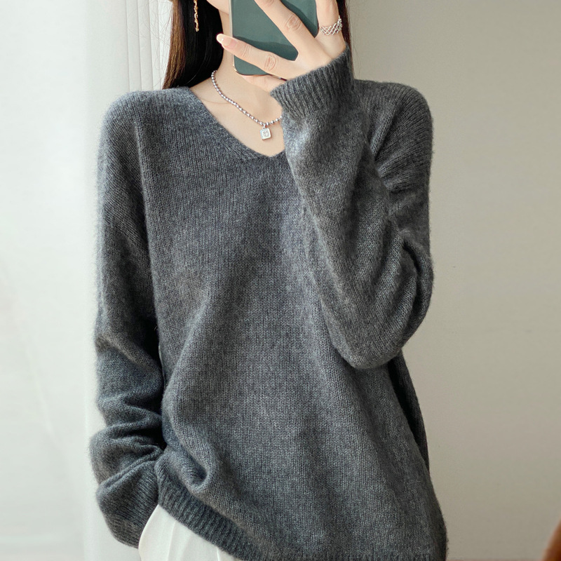 天丝羊毛针织衫女式V领圆领套头内搭小众百搭设计感纯色长袖打底|undefined
