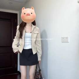 其色短麂皮外套女5秋季新美式复古机车夹克衣休闲百搭图片色印染