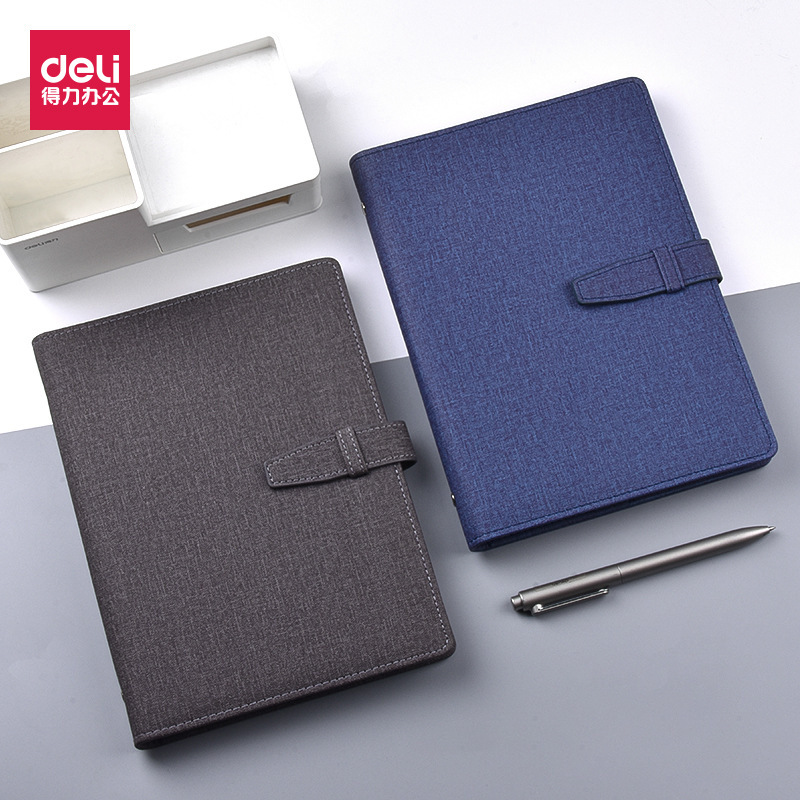 得力3309插袋皮面本笔记本 记事本可拆卸笔记本100页粗麻仿皮