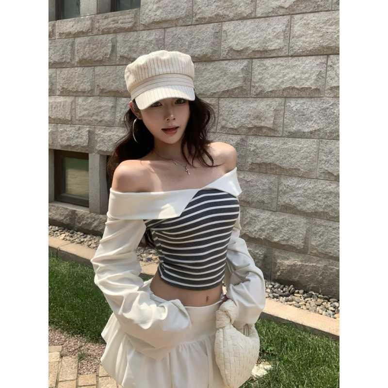 实拍辣妹一字肩条纹拼接撞色短款泡泡袖前后两穿T恤显瘦上衣蓝色|undefined
