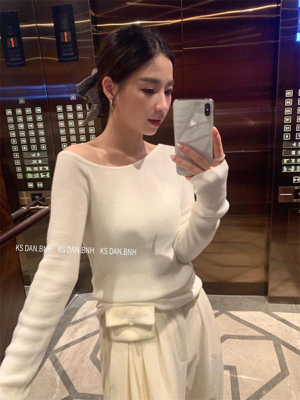 韩系条纹露肩百搭显瘦长袖毛衣女2025秋季新款斜领针织衫打底上衣|undefined