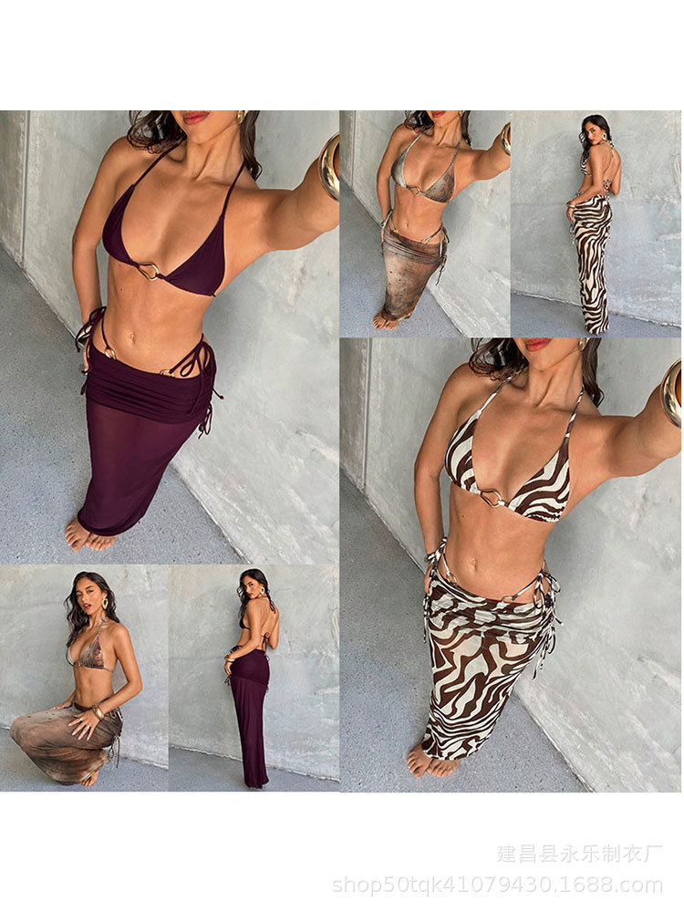 2026 verano trajes de baño de playa nuevos trajes de baño europeos y estadounidenses de manga larga ropa de protección solar de malla de tres piezas trajes de baño para mujeres