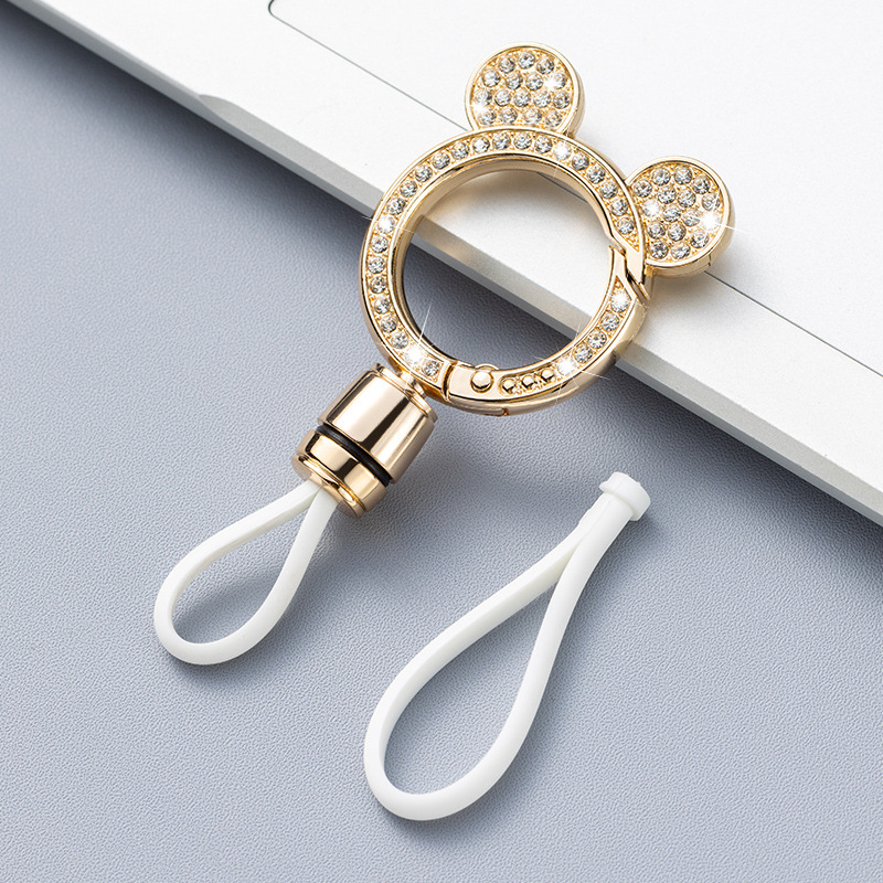 Llavero de coche con incrustaciones de diamantes de gama alta Mickey cabeza de doble cara diamante fino estándar doble cuerda de cuero resistente a los arañazos llave del coche hombres y mujeres pareja