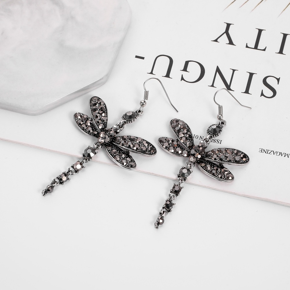 1 Pair Retro Dragonfly Alloy Inlay Rhinestones Women's Drop Earrings display picture 5