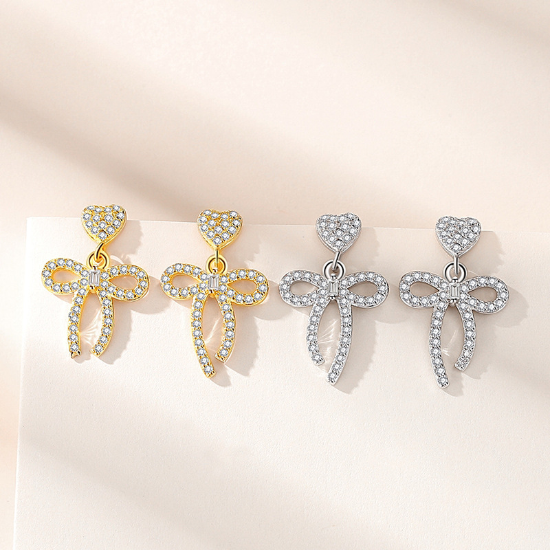 S925 precioso arco pendientes de plata esterlina 925 al por mayor de diamantes llenos pendientes de plata aguja femenina lindo arco pendientes