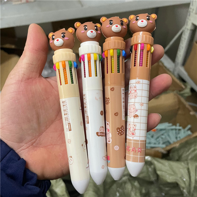 Creative cartoon cute bear press pen 10-color ballpoint pen student stationery color press-type ten-color ballpoint pen