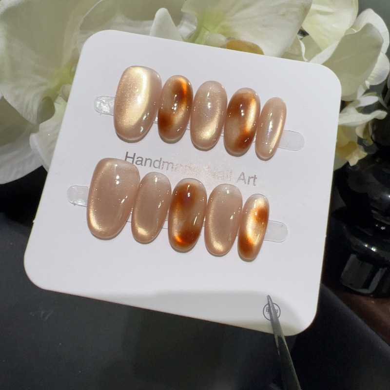[Tea Gold Broken Light] Golden Brown Gradient Smudged Manicure Handmade Warm Brown Gentle Wind Side Light Cat Eye Wearable Nail Patch