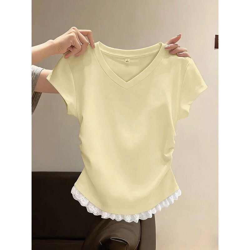 Slim-Fit Lace-Trimmed Slimming Collared Short-Sleeve Top for Women, American-Style Shoulder Design, Summer Dopamine Style
