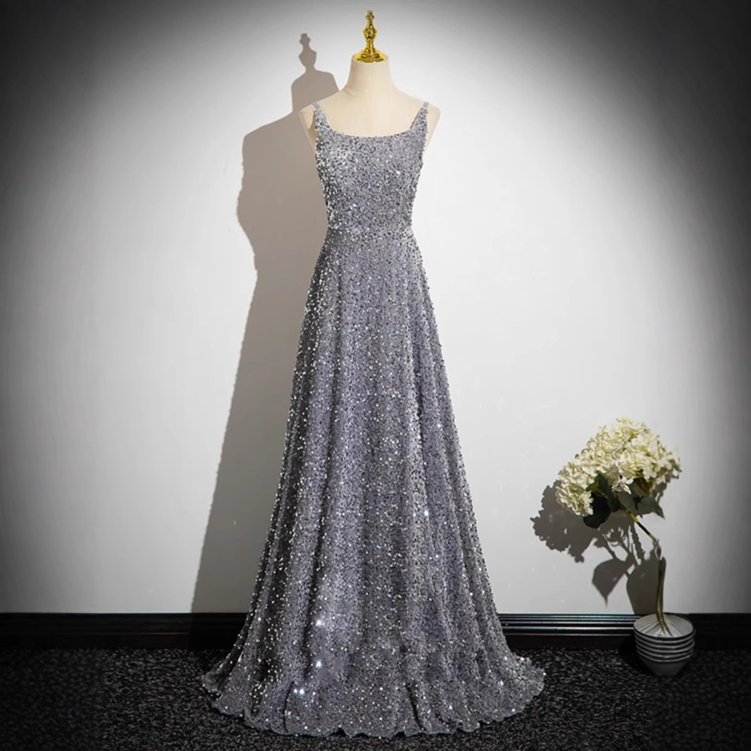 Banquet Evening Dress Light Luxury High-end French Sequin Simple Sling Long Dress High-end Annual Meeting Host Dress