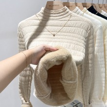 韩国chic加绒加厚水貂绒毛衣女装显瘦修身一体绒半高领打底针织衫
