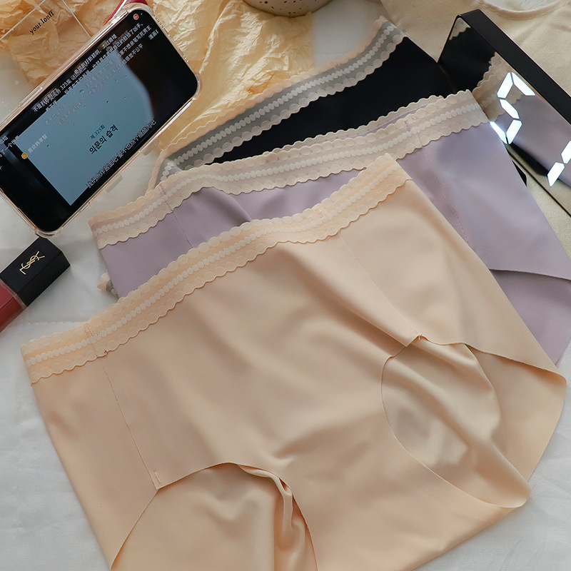 Nude-Feel Ice Silk # High-Elastic Women's Panties with Contrasting Color Lace, 3D Hip-Hugging, Mid-Waist, Seamless Adhesive Briefs, Butt-Lifting. Nude-Feel Ice Silk # High-Elastic Women's Panties with Contrasting Color Lace, 3D Hip-Hugging, Mid-Waist, Seamless Adhesive Briefs, Butt-Lifting.