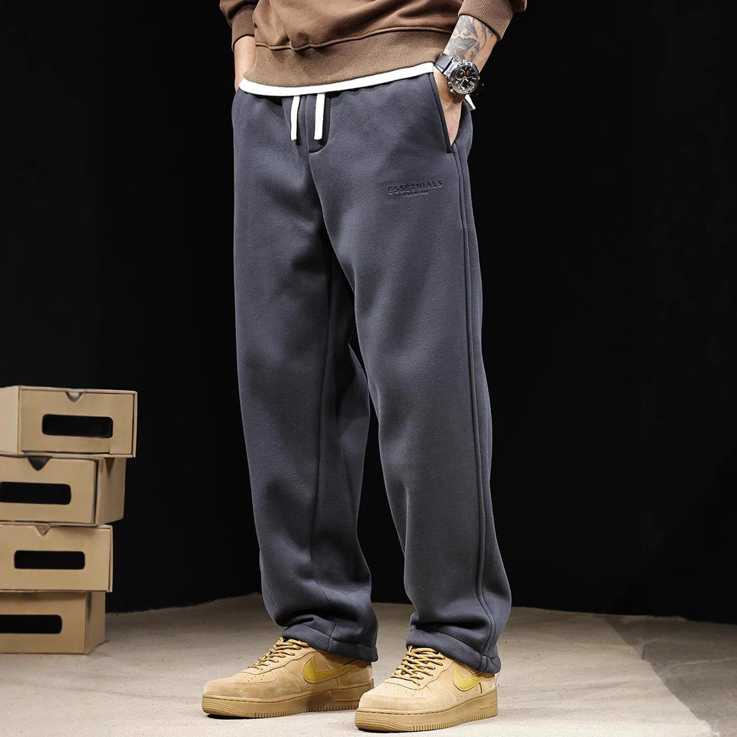 Straight Leg Sports Pants Men's Autumn and Winter 2024 New fleece-lined Sweatpants Men's Casual Long Pants Wide Leg Loose plus size