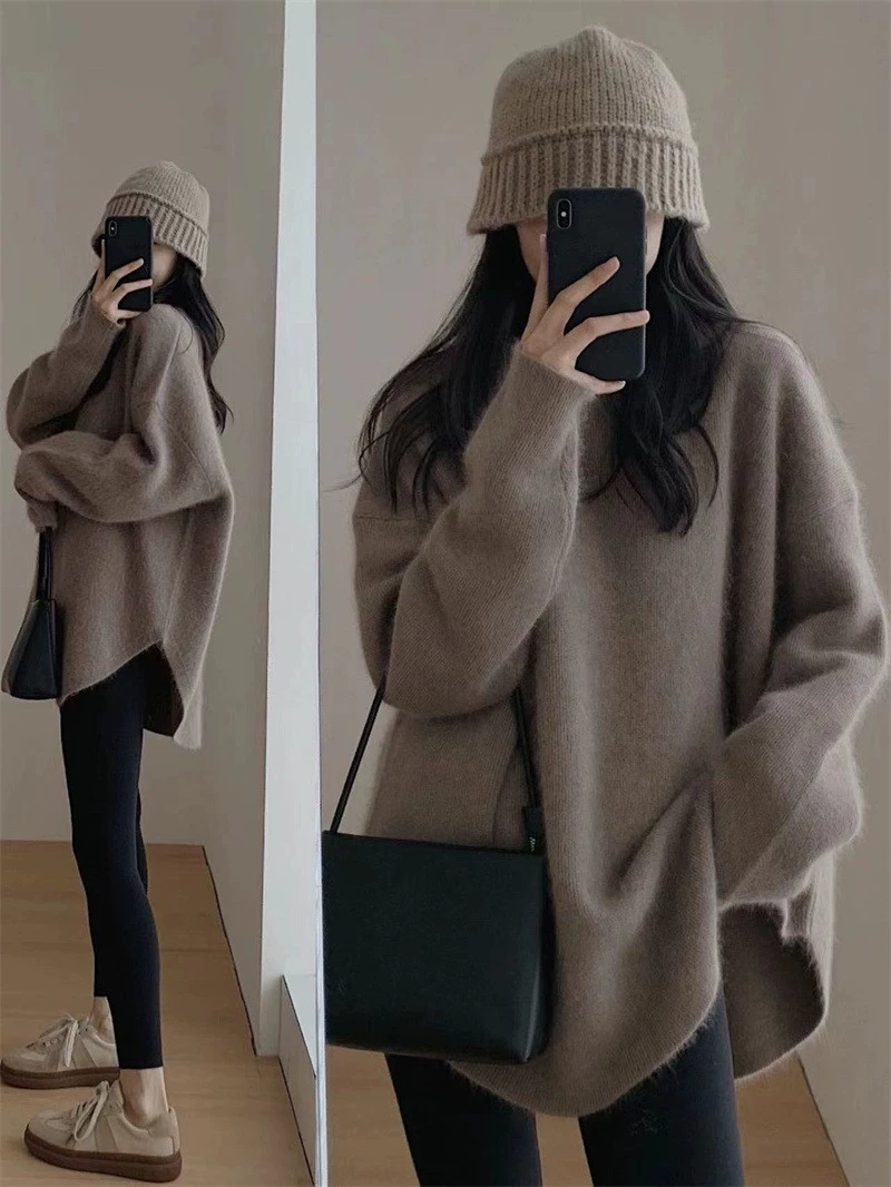Демисезонный вязаный oversized свитер, корейский стиль, One size, свободный крой