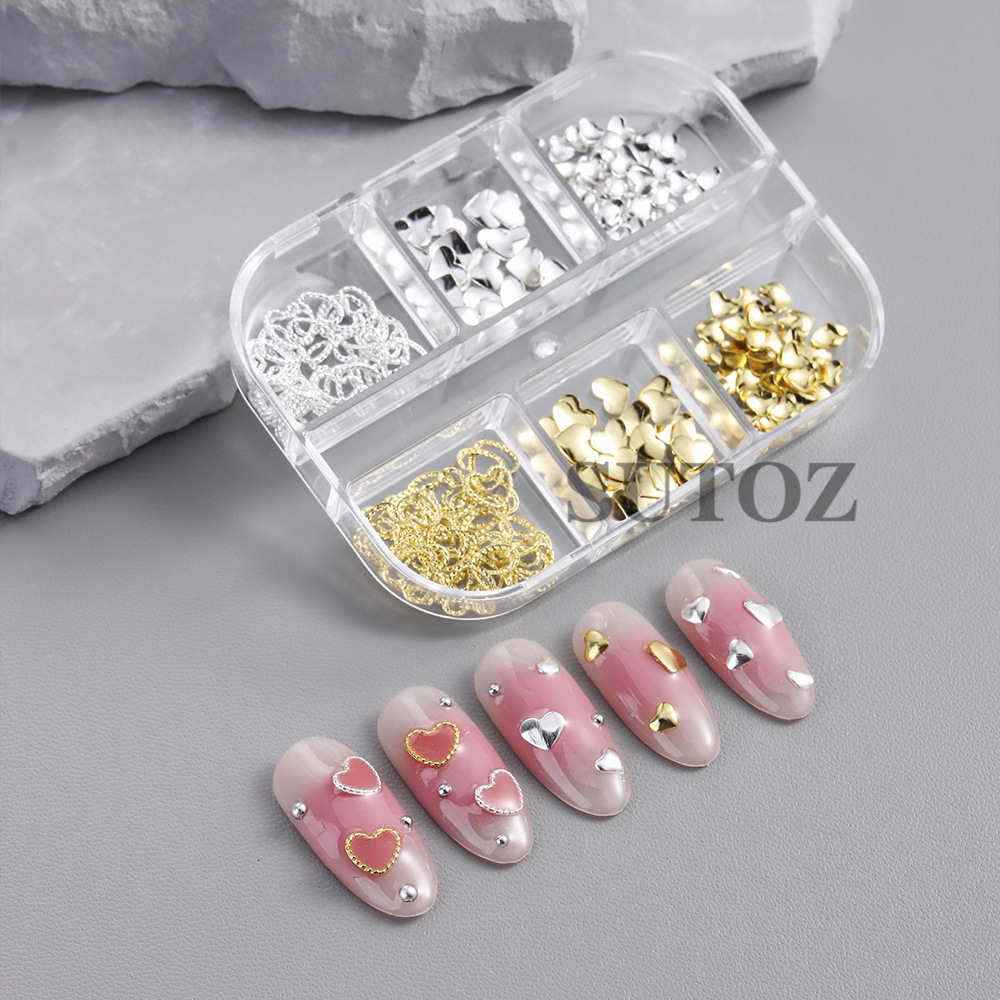 6-Compartment Gold and Silver Two-Tone Heart Nail Art Decoration Set, Hollow Twist Solid Heart Sequins, Exquisite Versatile Decoration