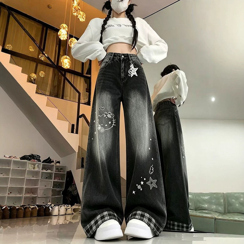 American-style retro black jeans for women, new autumn collection, featuring cartoon prints, a plaid collar design, and a loose, wide-leg cut
