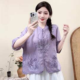 2025夏季新款苎麻立领衬衫女文艺纯色百搭中袖宽松刺绣衬衣开衫