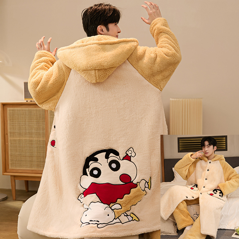 Autumn and Winter Coral Velvet Men's Pajamas Fleece-Lined Thickeneded Cartoon Hooded Winter Wearable Pajamas Home Wear Set
