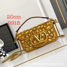 欧美复古女包 亮片珠片 斜跨链条小方包 时尚真皮女士包包 高端货