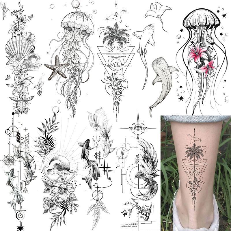 New Cross-Border Marine Animal Jellyfish and Palm Tree High-End Black and White Water Transfer Tattoo Stickers Amazon