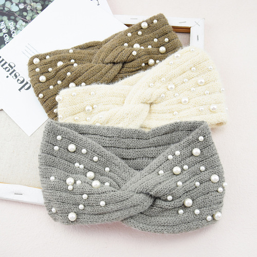 European and American Intersecting Pearl Headband Knitted Warm Wool Headband Autumn and Winter Hair Tie Double Knit Hair Accessory